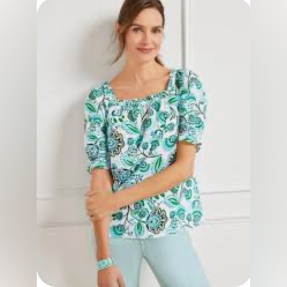 Talbots Blue and White Patterned Blouse with 3/4 Length Sleeves EUC